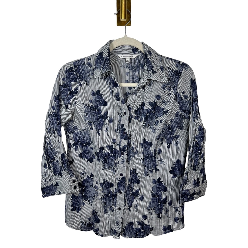 Floral Cottagecore Cotton Button Up Shirt Coastal Blue Pinstripe Nautical Small